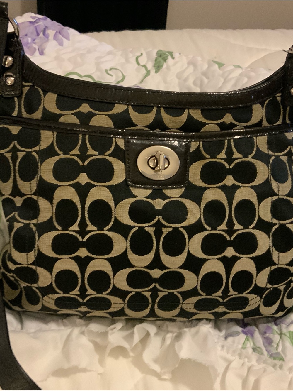 Coach Black and Tan Signature Jacquard Crossbody Bag with Turnlock